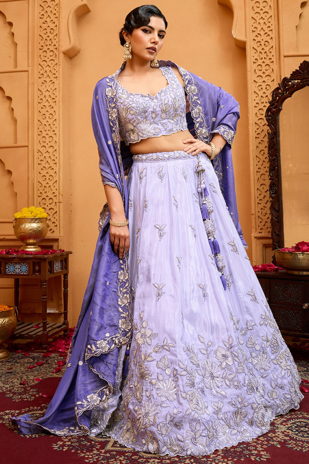 LILAC TISSUE LEHENGA CHOLI WITH MOTI AND SEQUINS