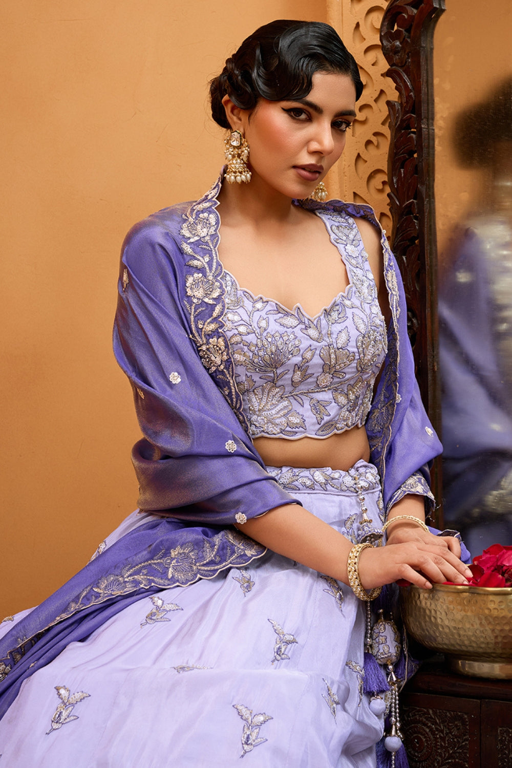 LILAC TISSUE LEHENGA CHOLI WITH MOTI AND SEQUINS