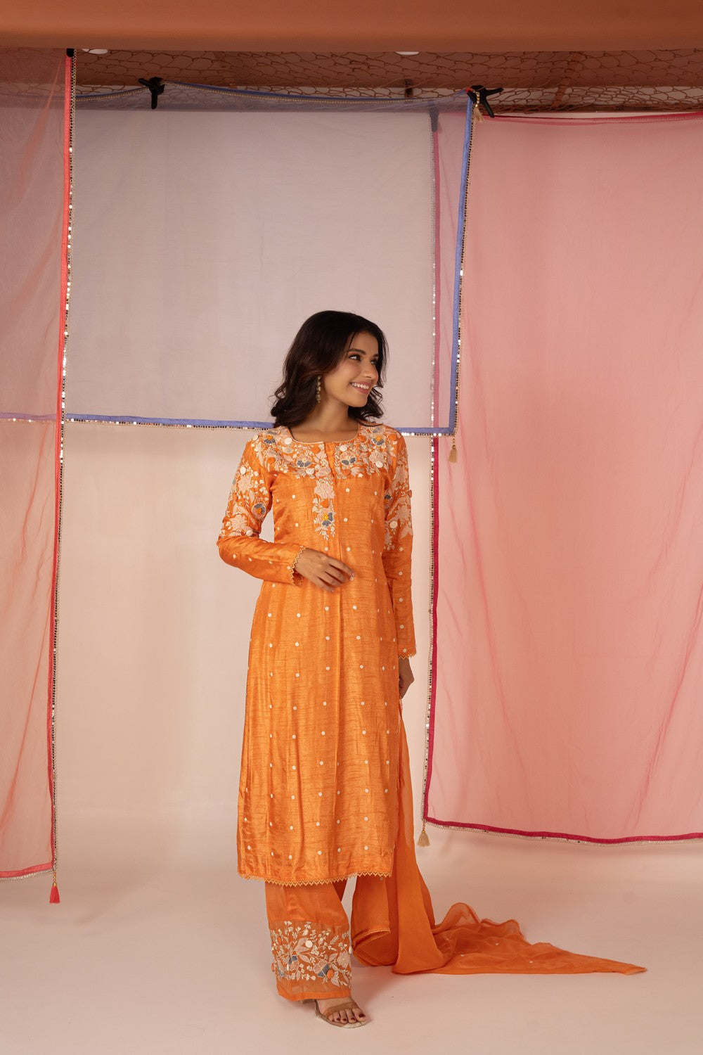 Orange satin silk salwar suit