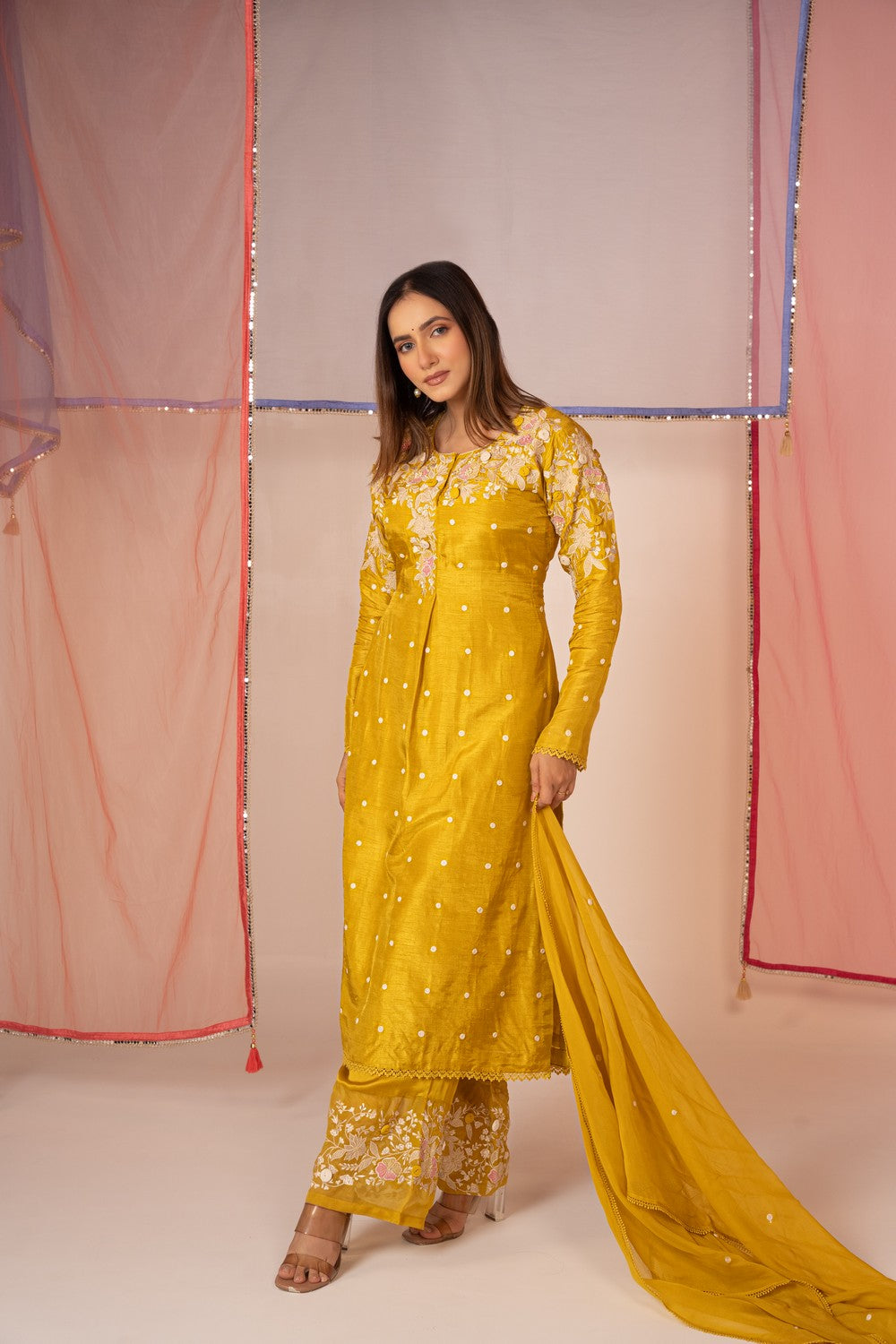 Yellow satin silk salwar suit