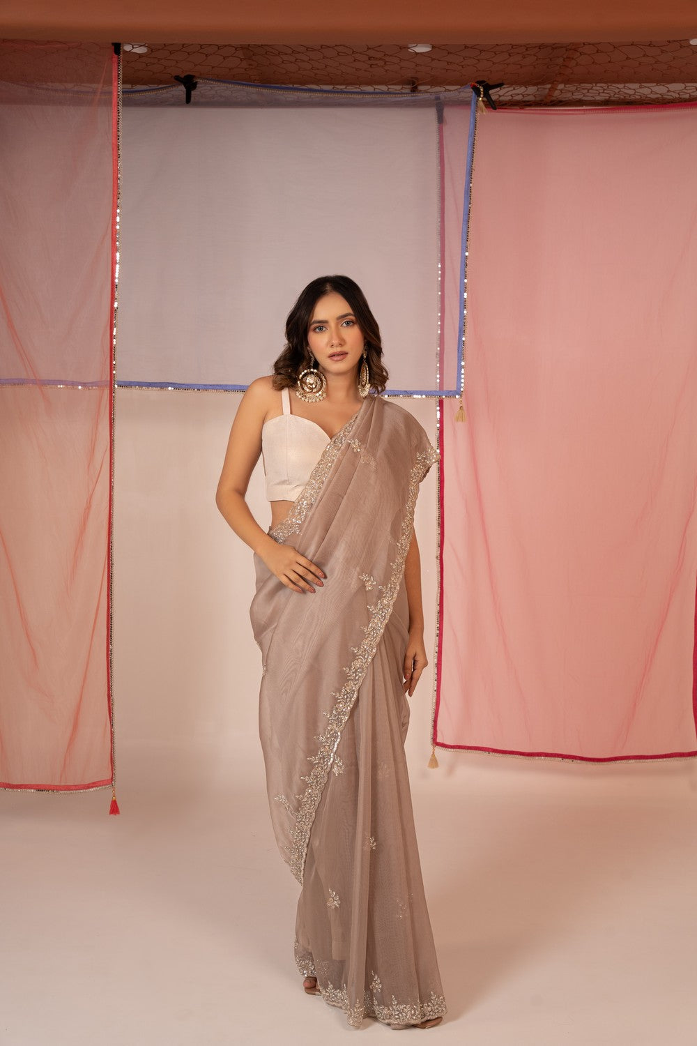 Soft champagne tissue silk saree and unstitched blouse piece