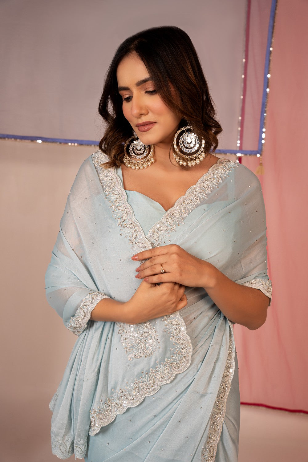 Light blue tissue silk saree and unstitched blouse piece