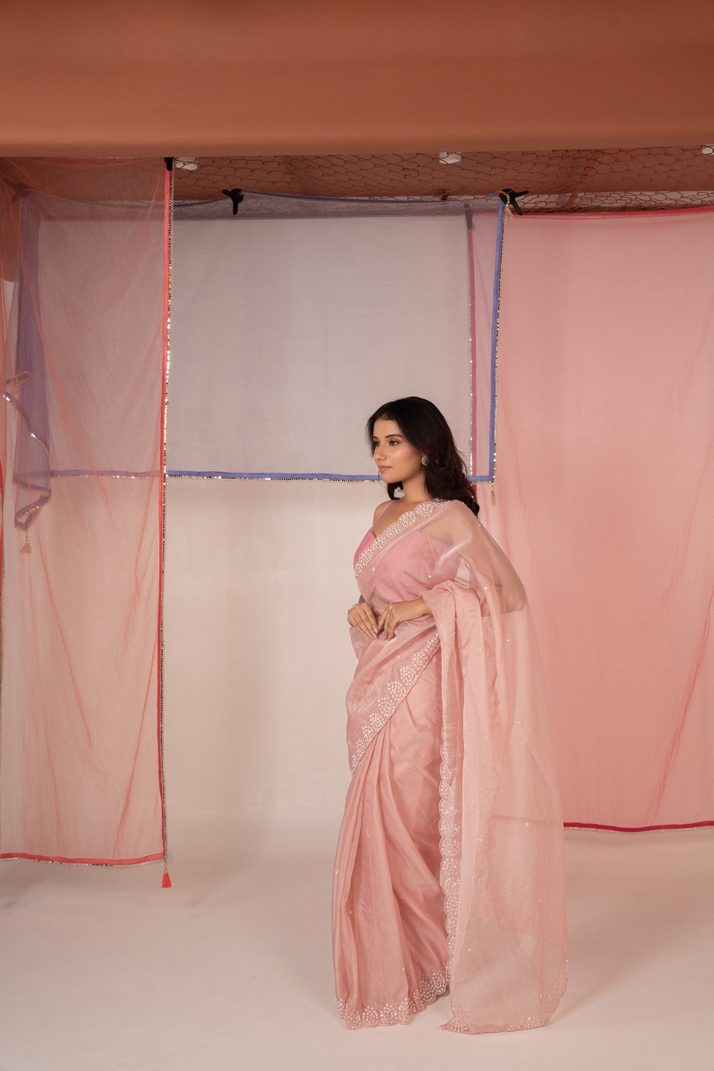 Baby pink tissue silk saree and unstitched blouse piece