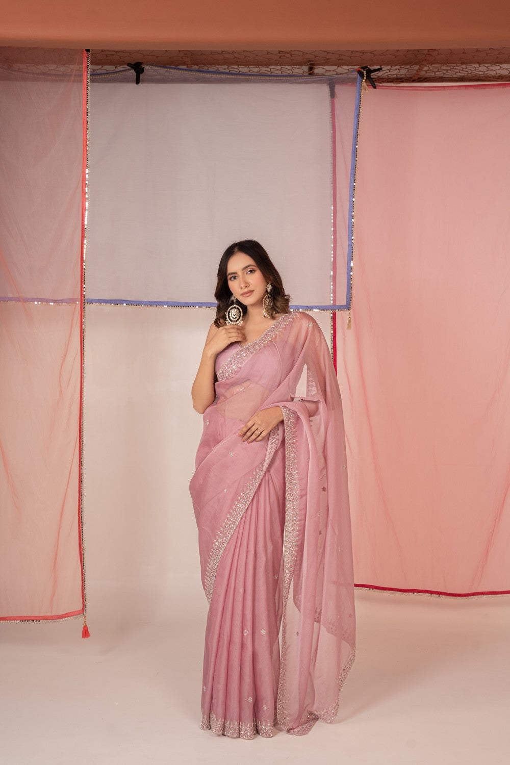 Dusty pink tissue silk saree and unstitched blouse piece