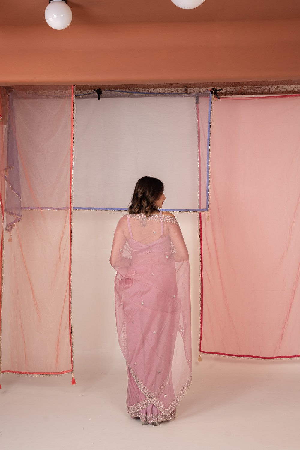 Dusty pink tissue silk saree and unstitched blouse piece