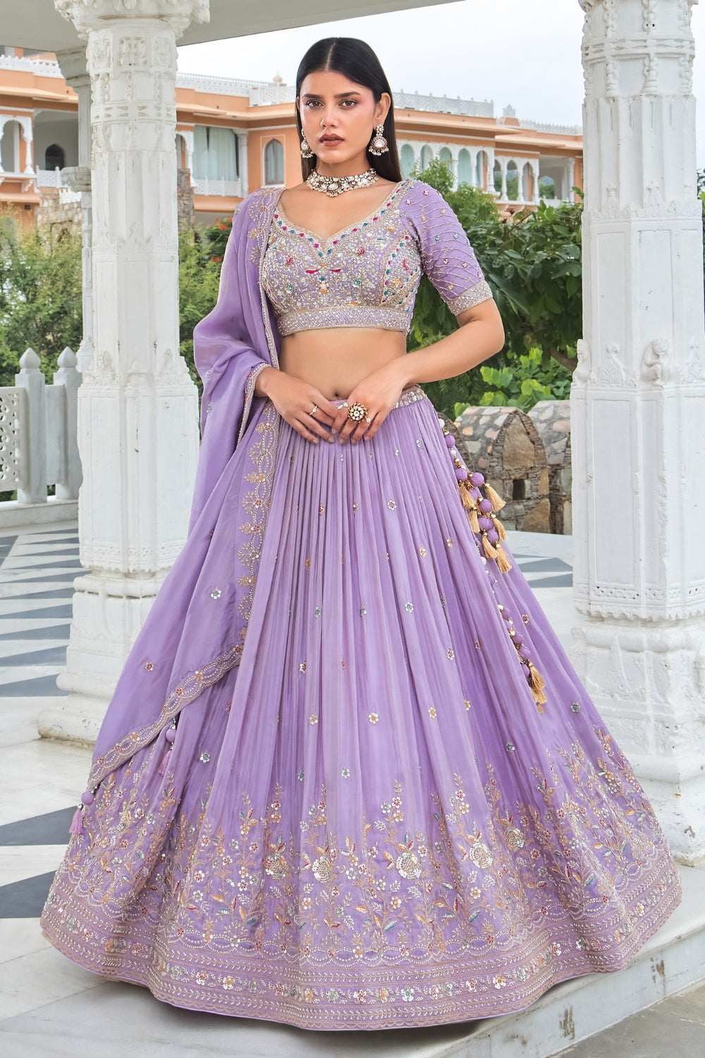 Lavender Crape Silk Lehenga Set with Zardosi and Sequins Work