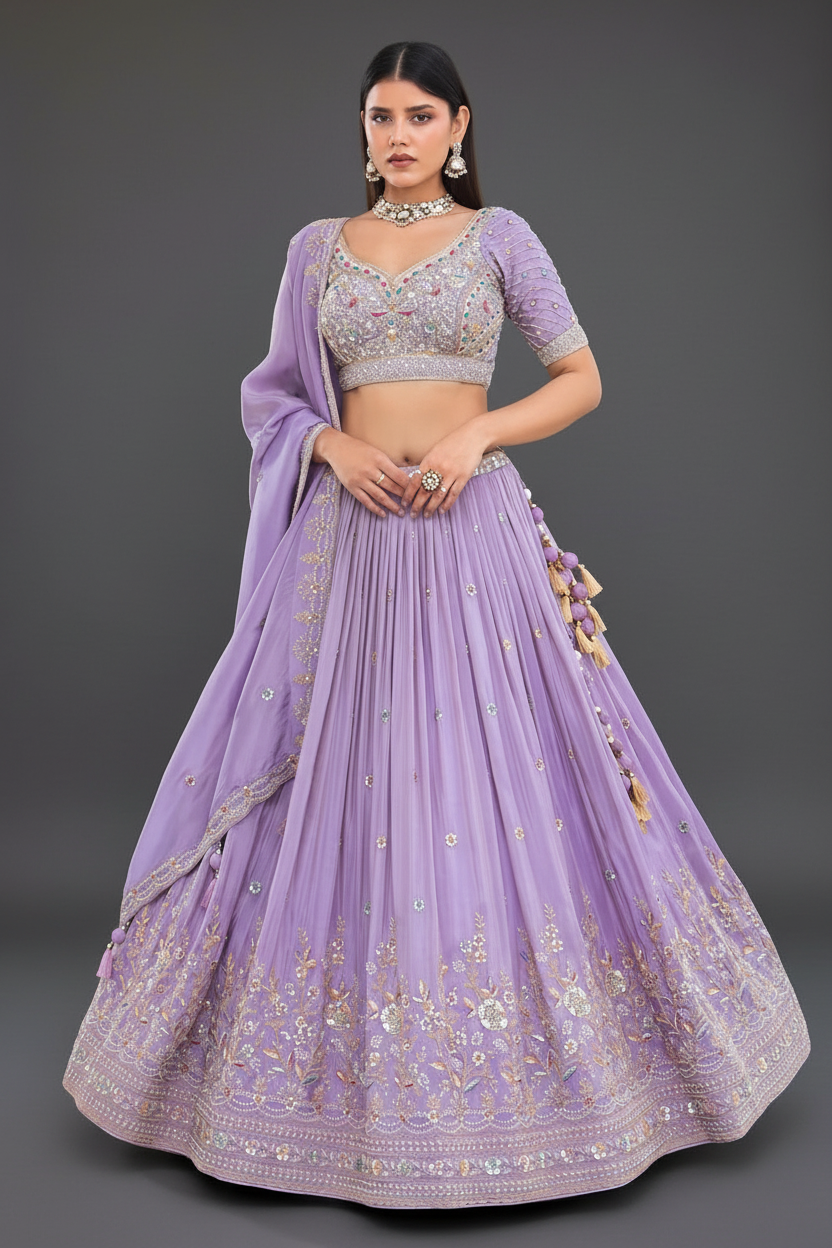 Lavender Crape Silk Lehenga Set with Zardosi and Sequins Work