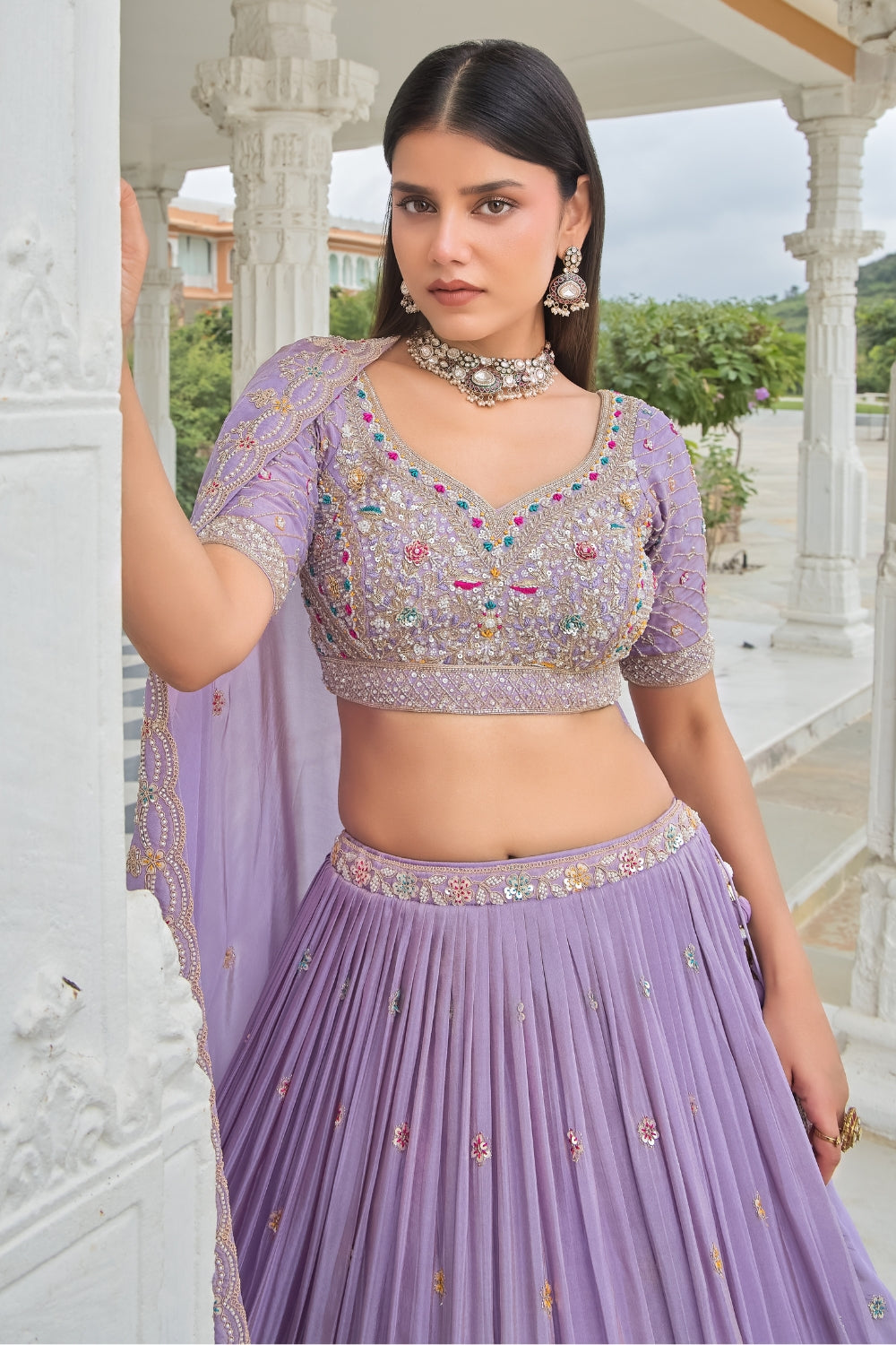 Lavender Crape Silk Lehenga Set with Zardosi and Sequins Work