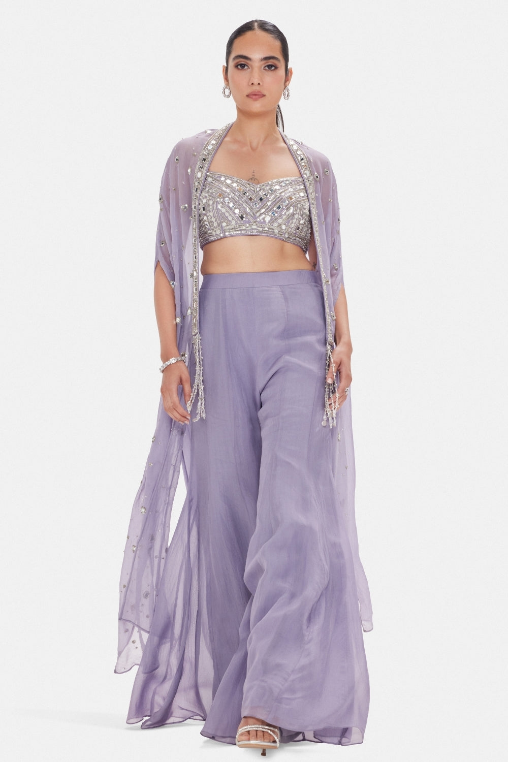 Lavender Crepe Indo Western Set with Cutdana and Zari Work
