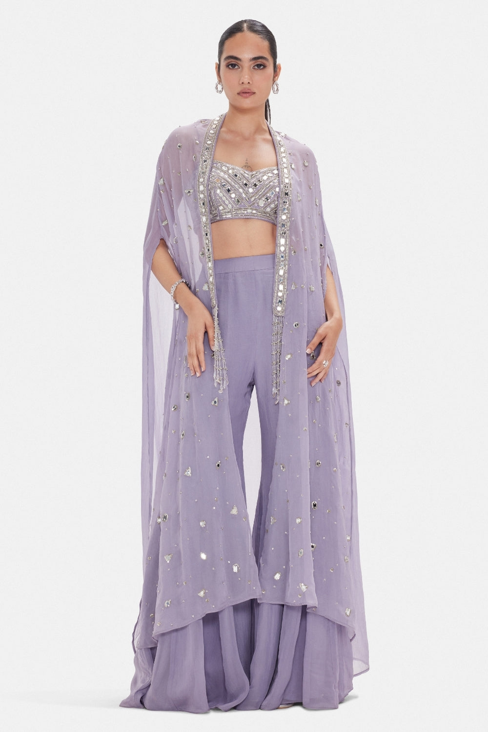 Lavender Crepe Indo Western Set with Cutdana and Zari Work