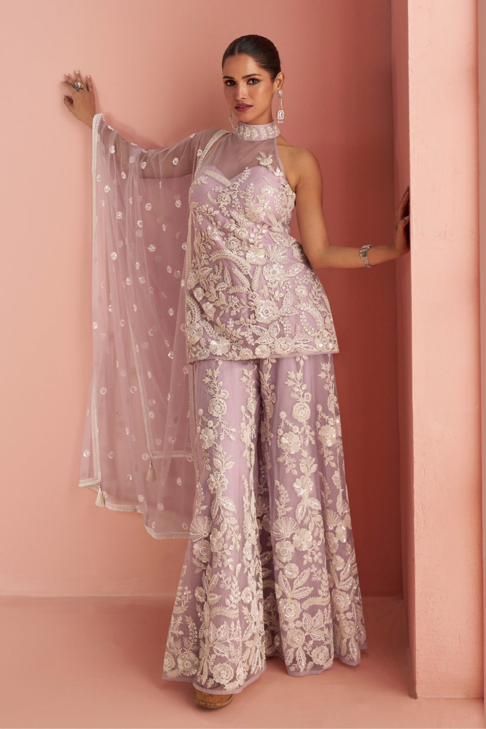 Lavender Net Palazzo Set with Cutdana and Embroidery Work