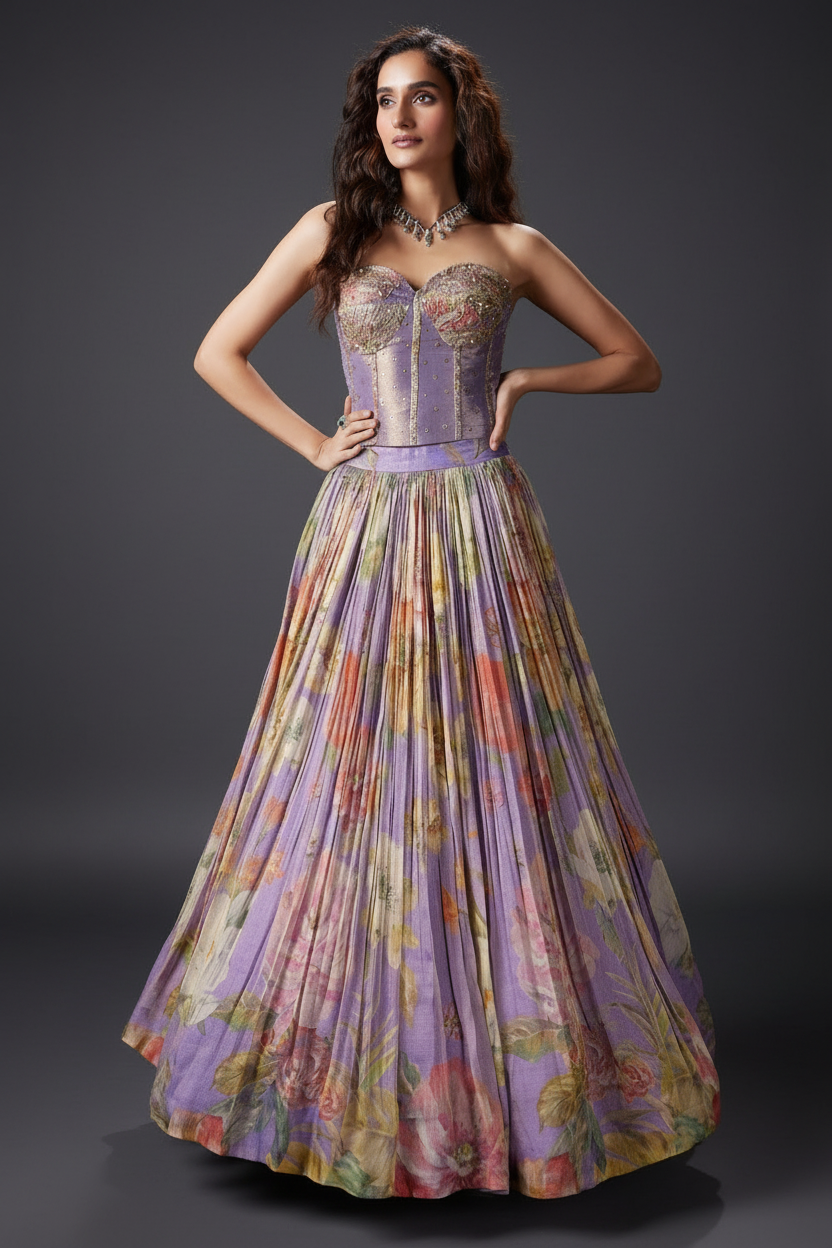 Lavender Organza Lehenga Set with Zardosi and Cutdana Work