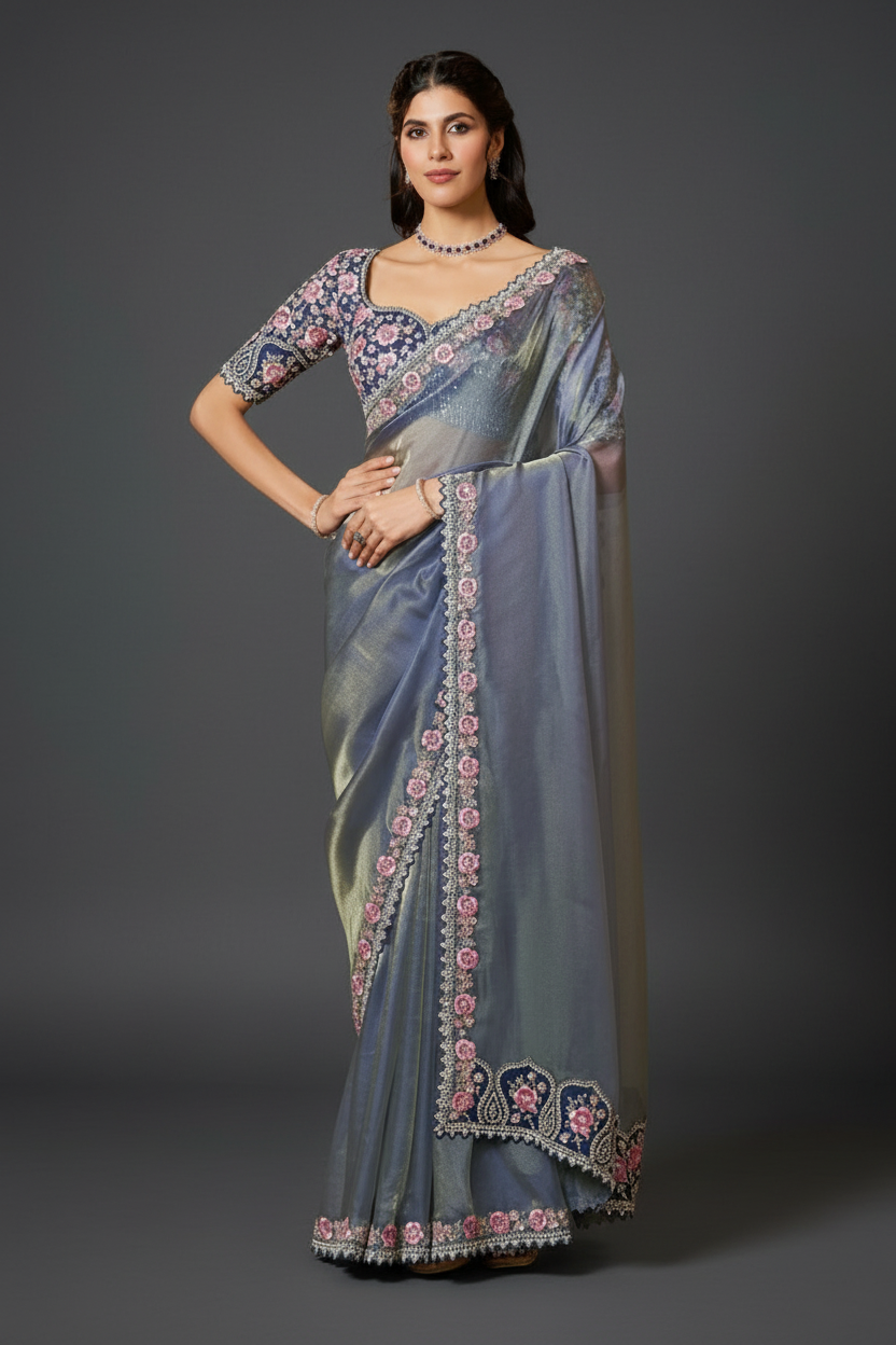 Lavender Organza Silk Saree with Sequins and Moti Work