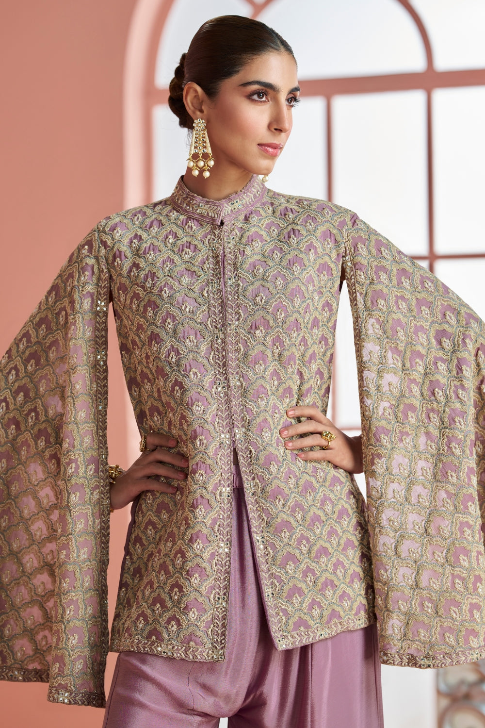 Lavender Silk Palazzo Set with Embroidery and Moti Work