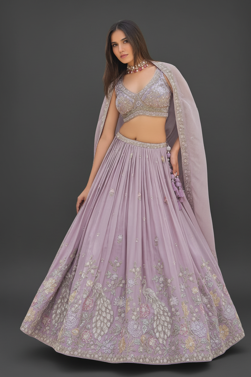 Lavender Tissue Lehenga Set with Cutdana and Embroidery Work