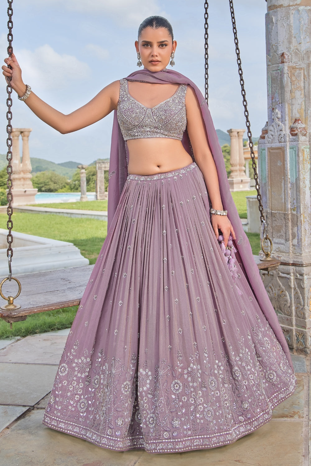 Lavender Tissue Lehenga Set with Cutdana and Embroidery Work