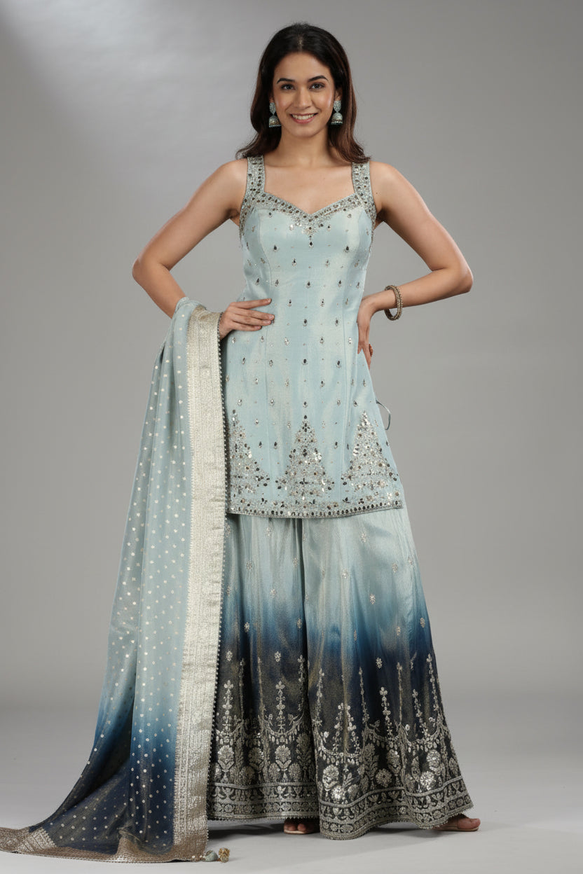 Light Blue Tissue Palazzo Set with Mirror and Cutdana Work
