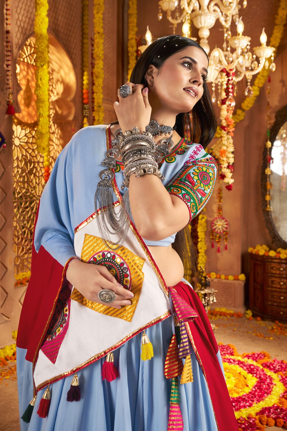 Light Blue Viscose Cotton Navratri Lehenga Choli With Thread Embriodered And Jacquard Patch Work