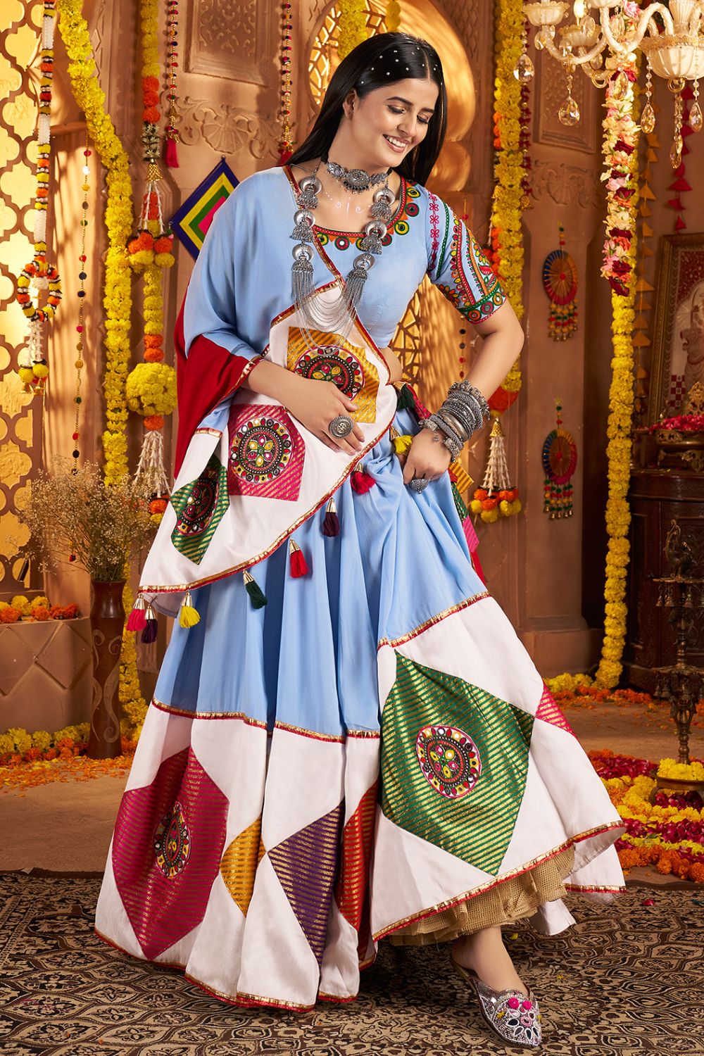 Light Blue Viscose Cotton Navratri Lehenga Choli With Thread Embriodered And Jacquard Patch Work