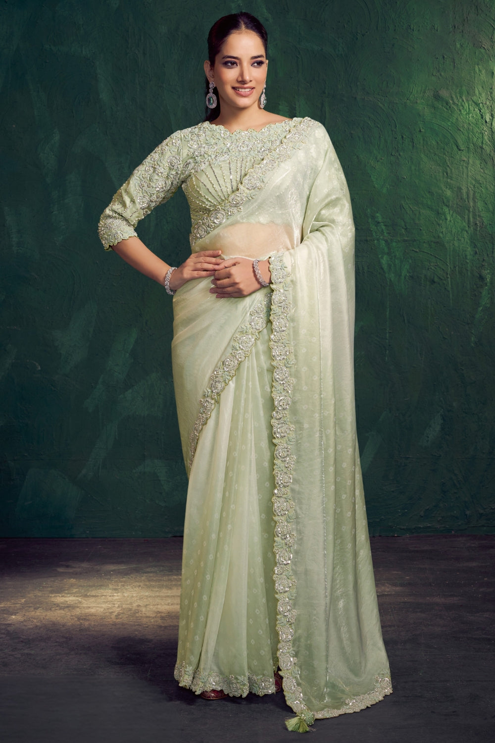 Light Green Silk Saree with Beads and Sequins Work