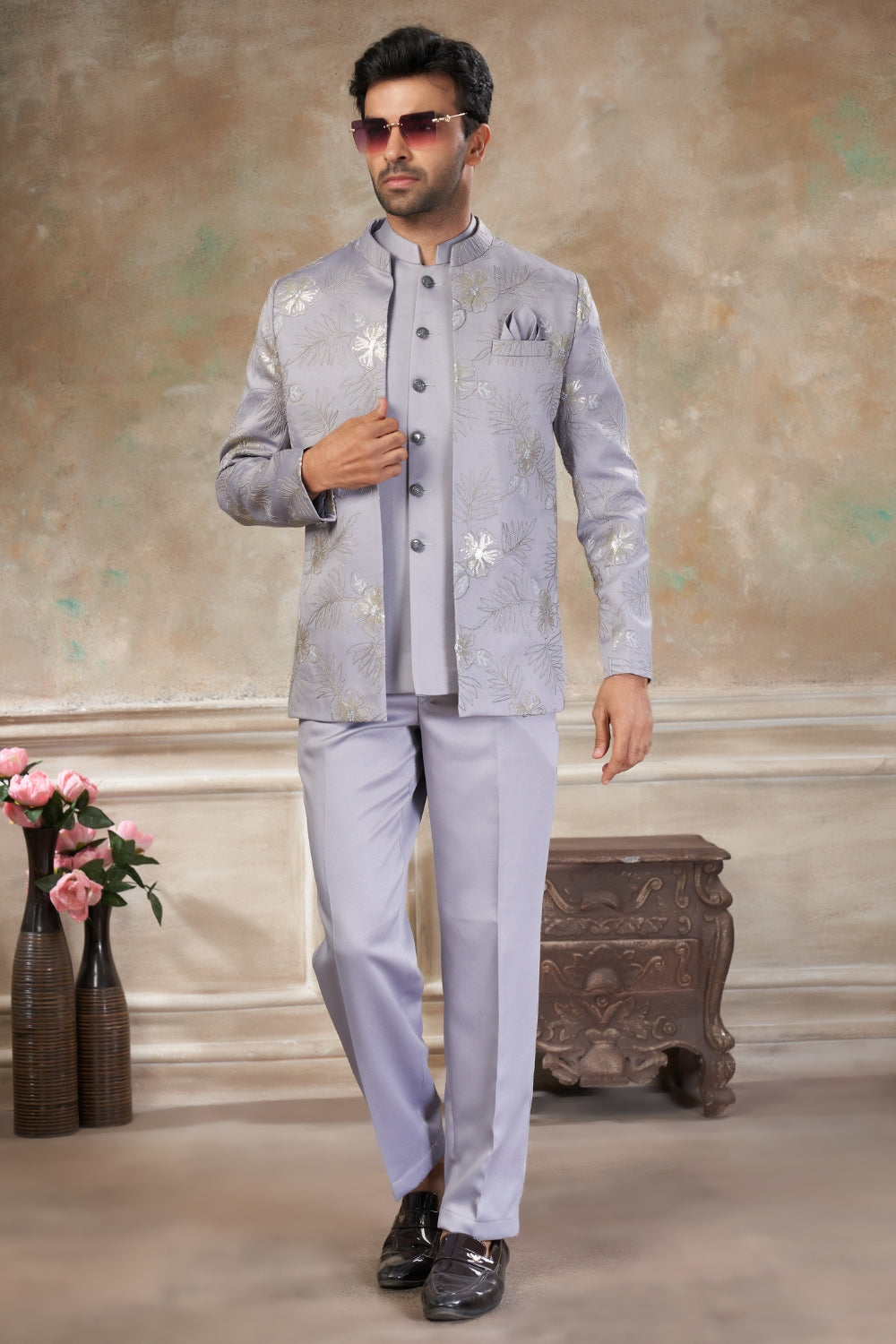 Light Grey Imported Jodhpuri Set with Embroidery and Sequins Work