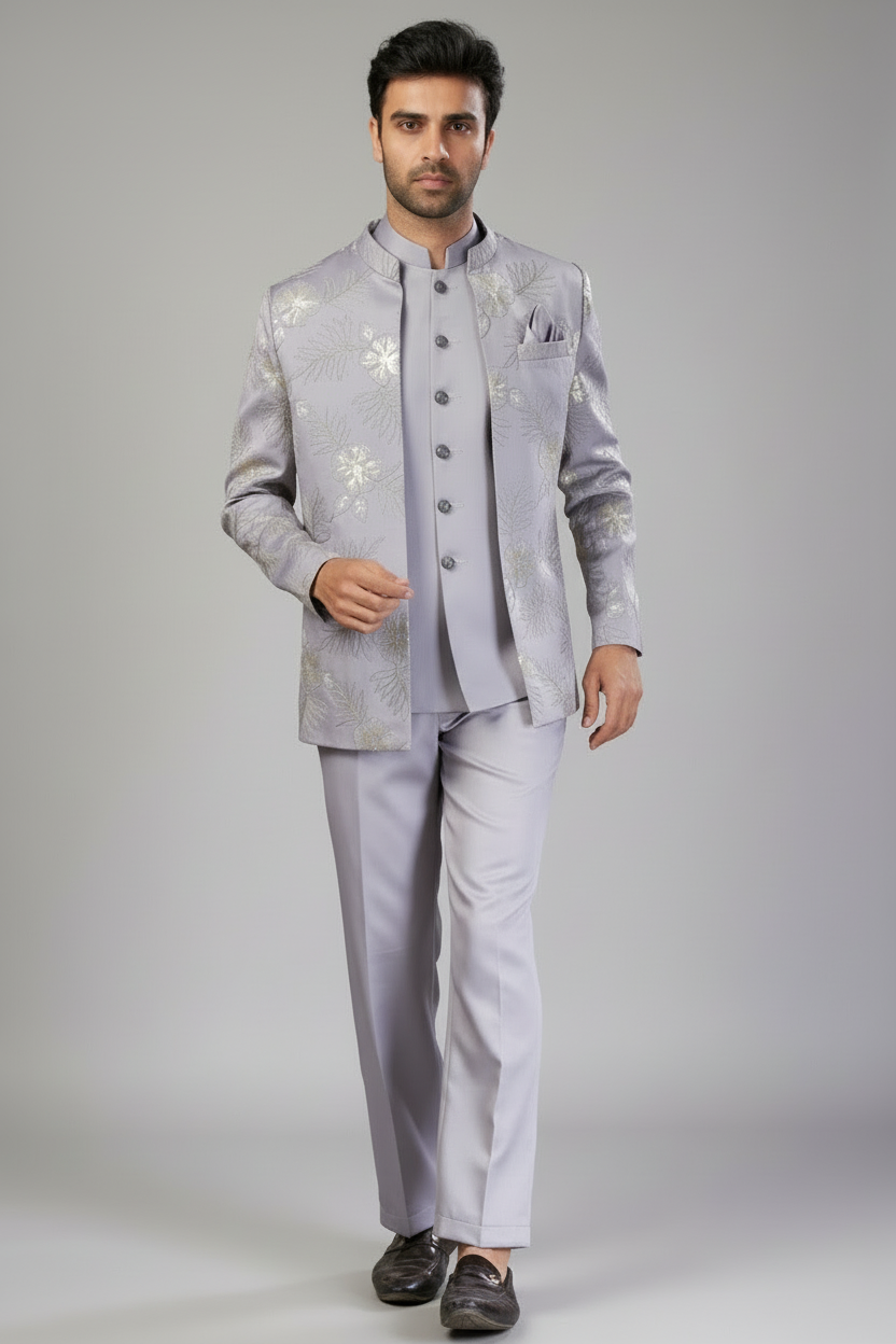 Light Grey Imported Jodhpuri Set with Embroidery and Sequins Work