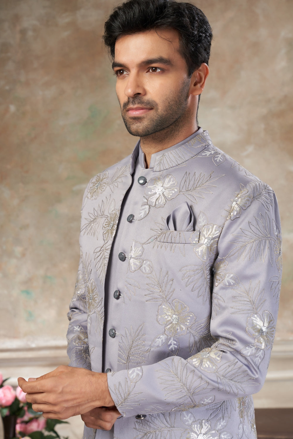 Light Grey Imported Jodhpuri Set with Embroidery and Sequins Work