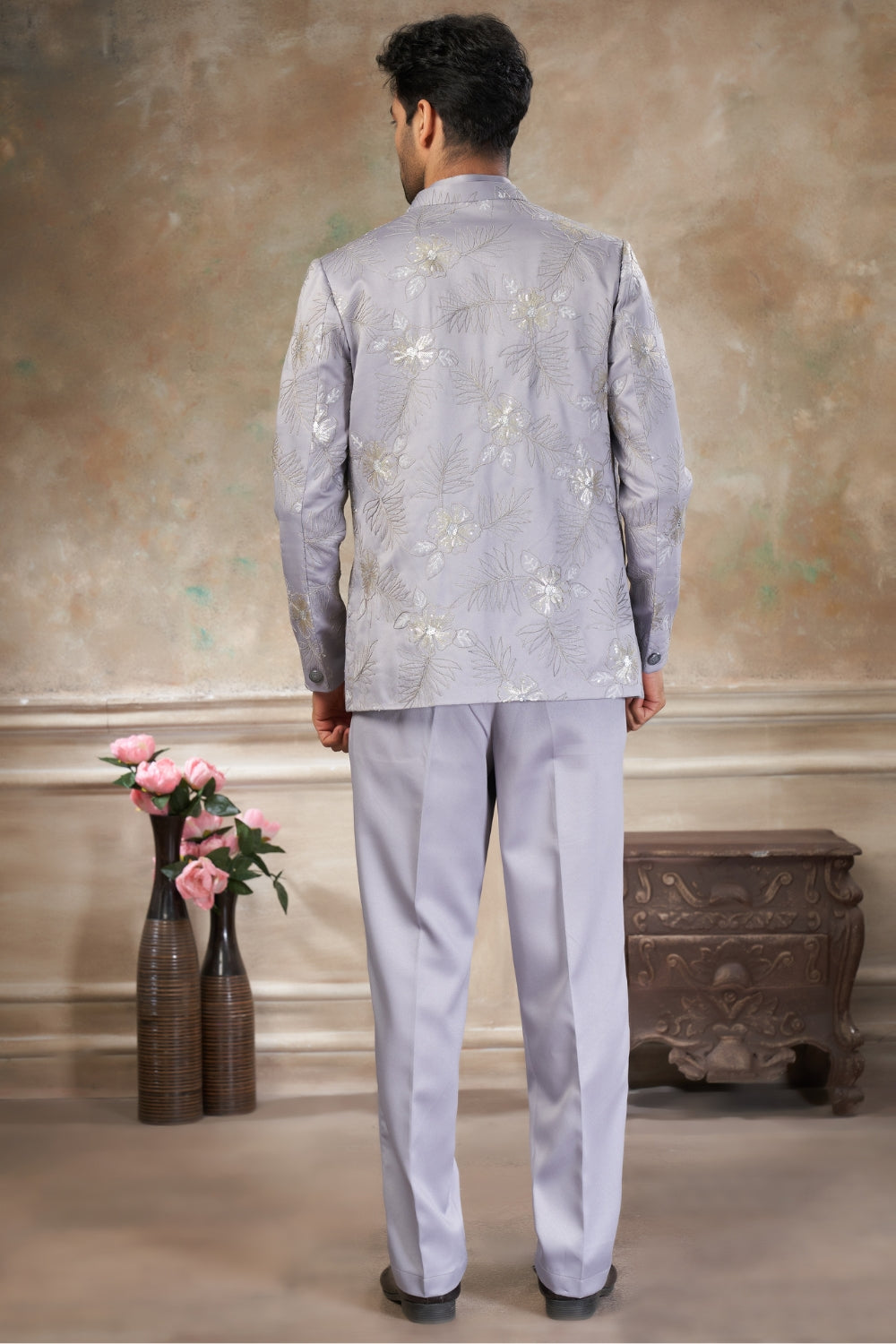 Light Grey Imported Jodhpuri Set with Embroidery and Sequins Work