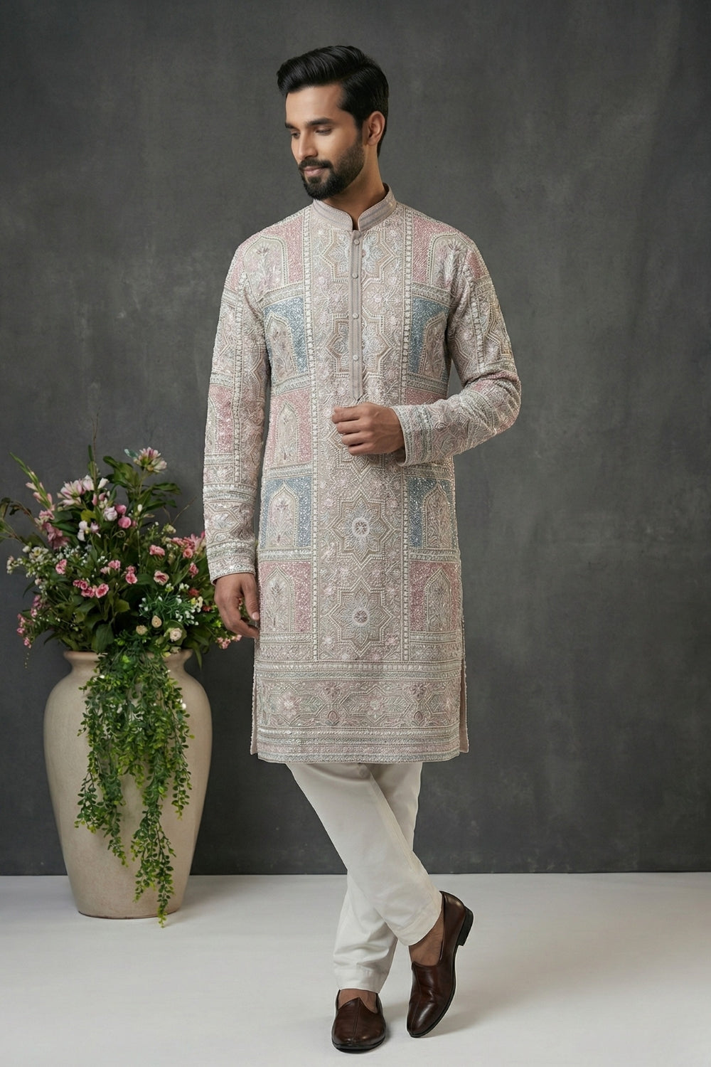 Light Grey Silk Kurta Set with Embroidery and Sequins Work