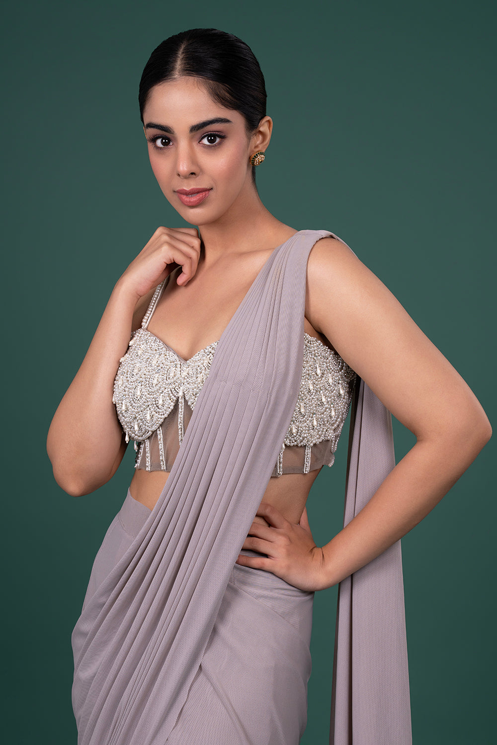 Light Grey draped Pre-stiched Saree with Heavily Embellished Corset