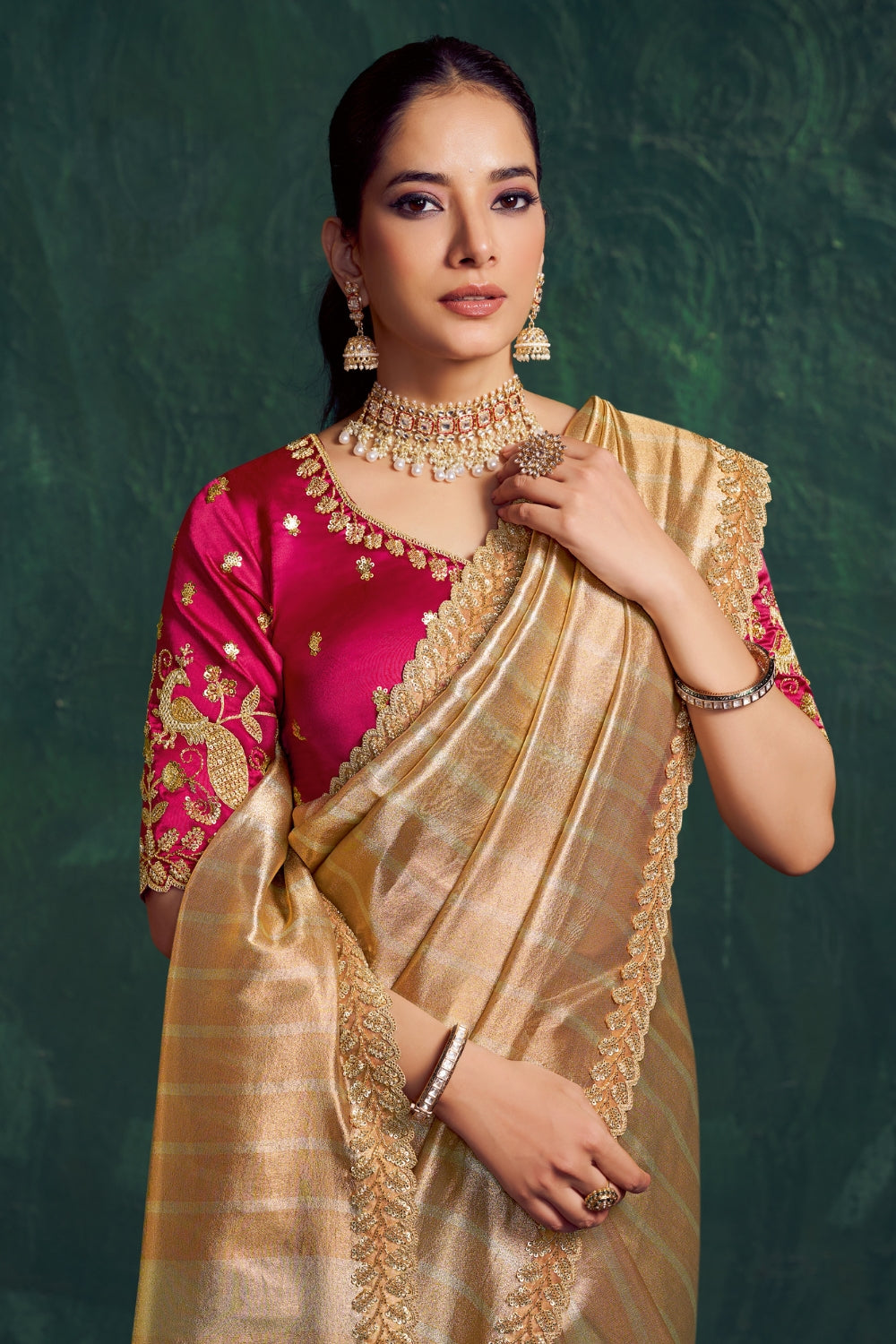 Light Orange Tissue Saree with Beads and Sequins Work
