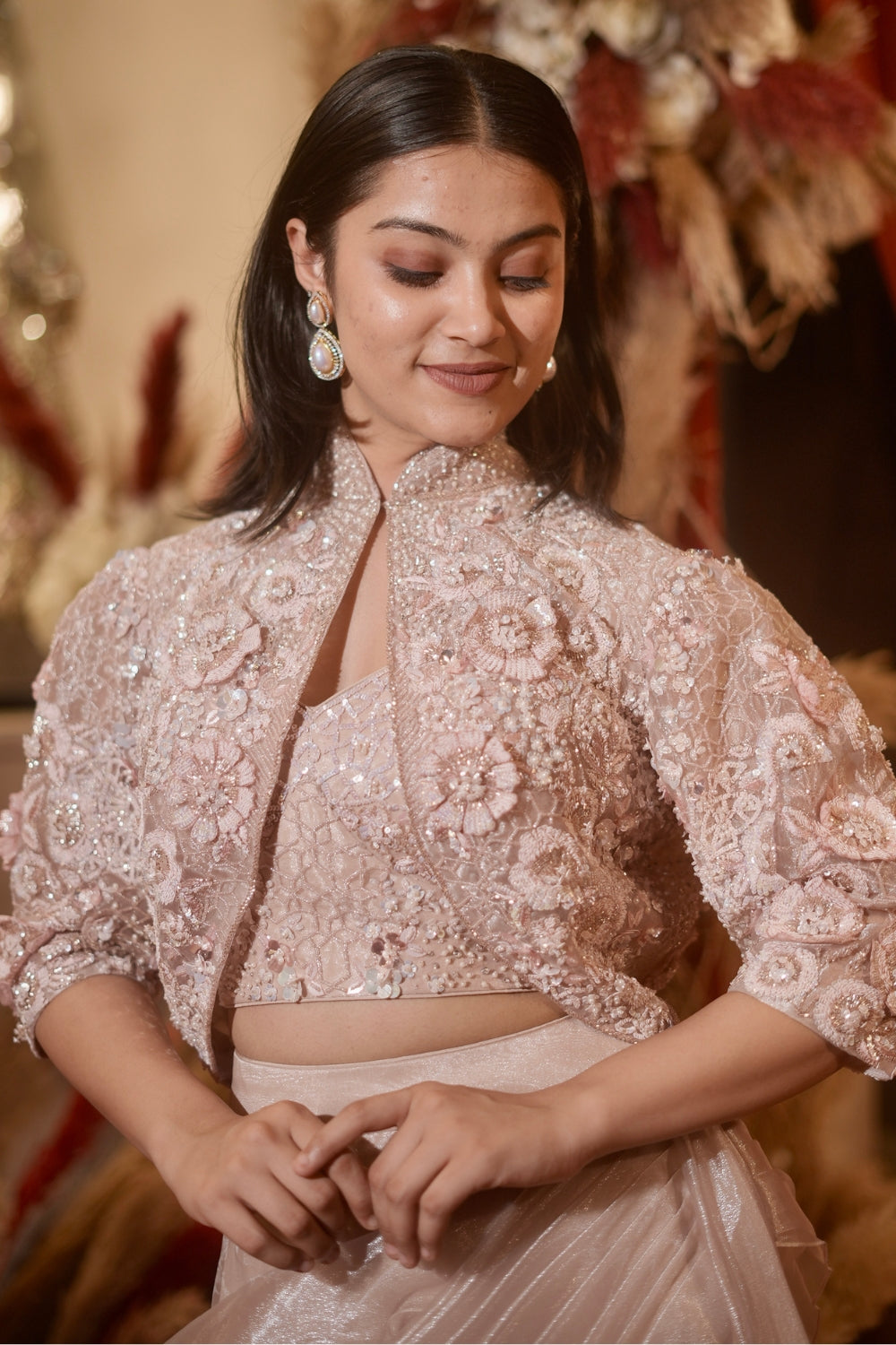 Light Peach Tissue Organza Indo Western with Sequins and Moti Work