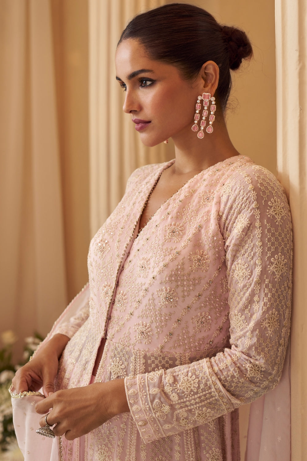 Light Pink Georgette Indo Western with Cutdana and Moti Work