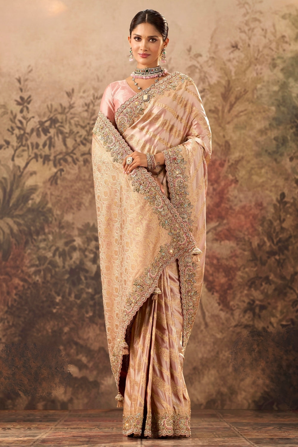 Light Pink Satin Silk Saree with Cutdana and Stone Work
