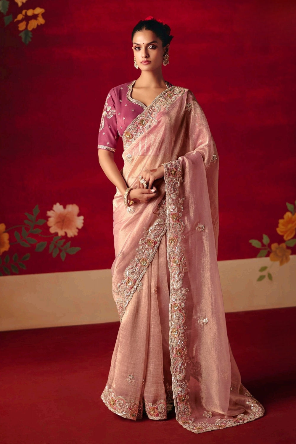 Light Pink Silk Saree with Stone and Moti Work