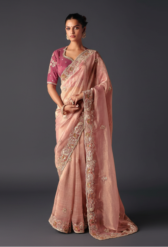 Light Pink Silk Saree with Stone and Moti Work