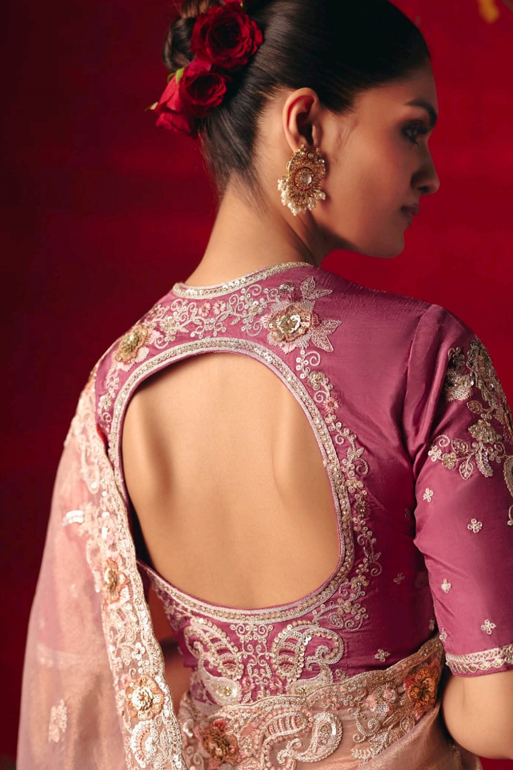 Light Pink Silk Saree with Stone and Moti Work