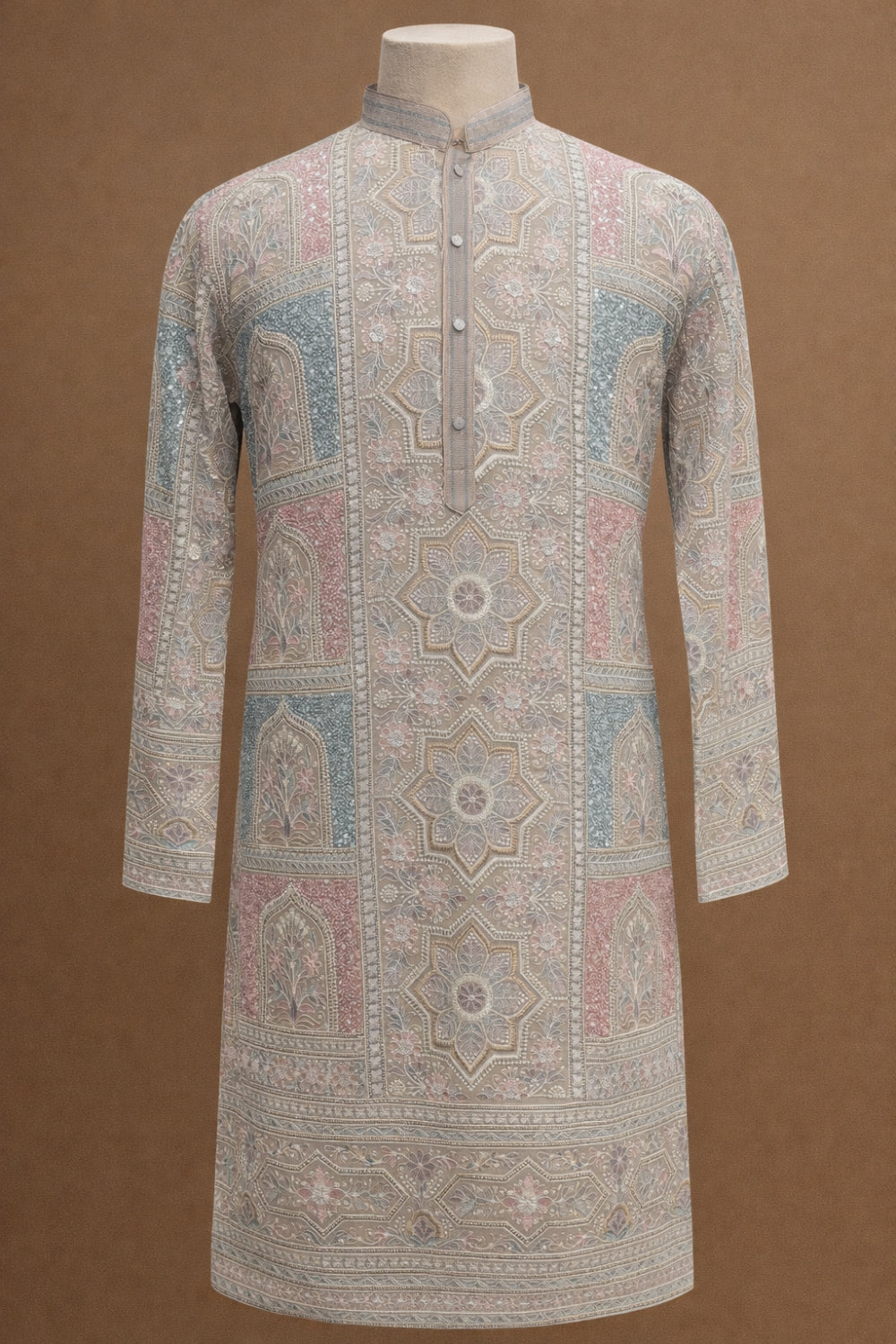 Light Grey Silk Kurta Set with Embroidery and Sequins Work