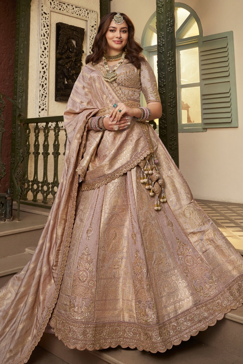 Lilac Banarasi Silk Lehenga Set with Embroidery and Stone Work