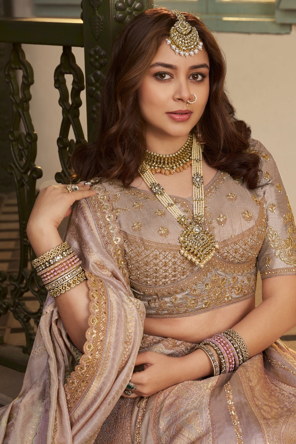 Lilac Banarasi Silk Lehenga Set with Embroidery and Stone Work