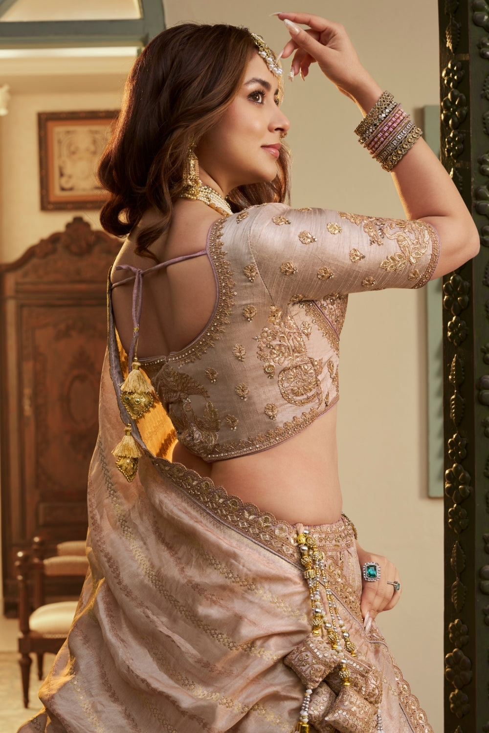 Lilac Banarasi Silk Lehenga Set with Embroidery and Stone Work