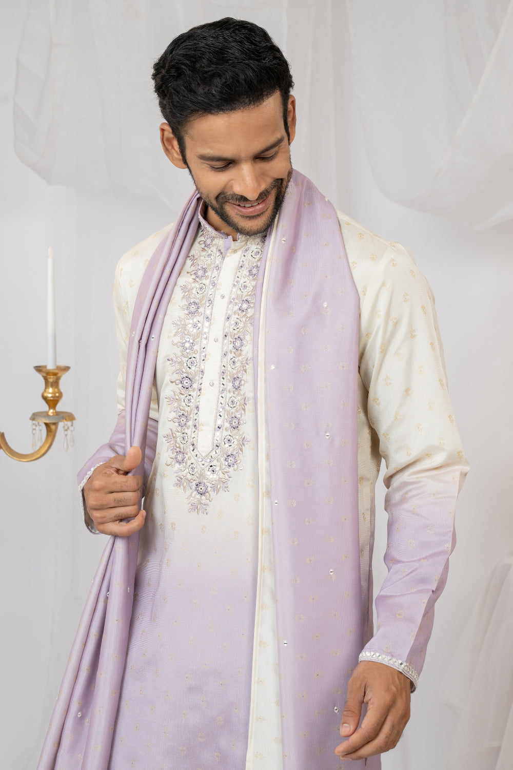 Lilac Ombre Silk Kurta Set with Mirror and Thread Embroidery