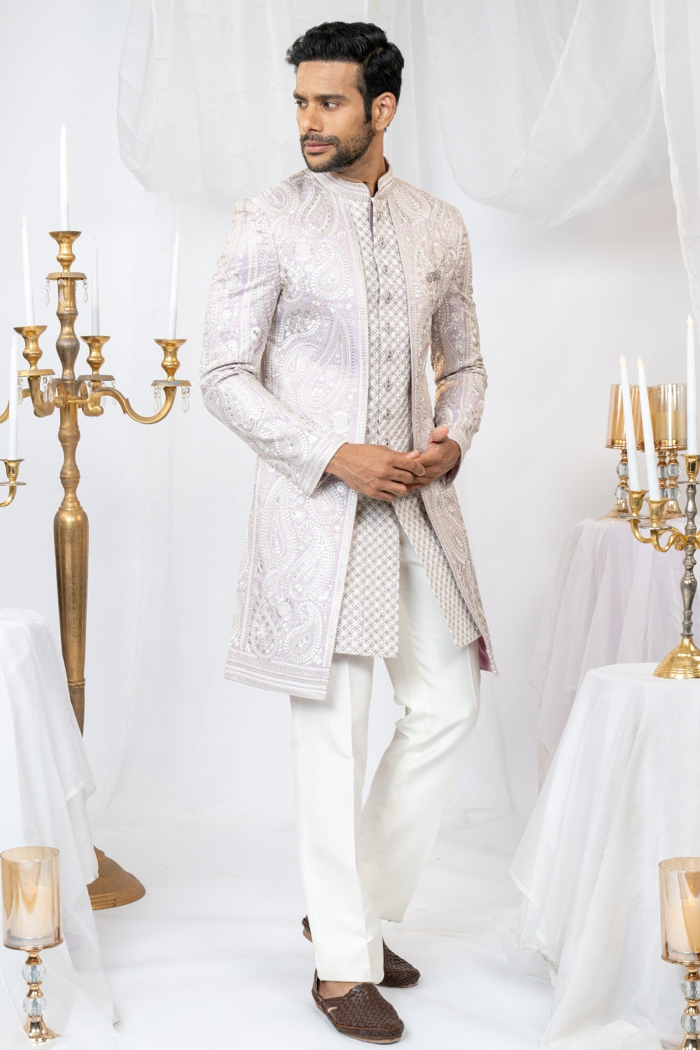 Lilac Silk Embroidered Indo Western