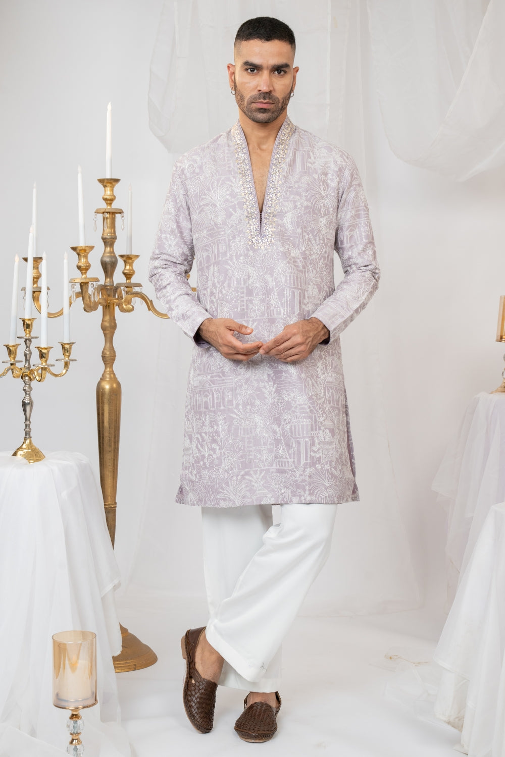 Lilac Silk Kurta Set with Sequins and Embroidery