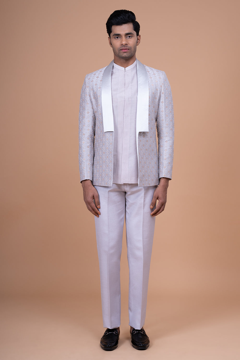 Lilac and Silver Jacquard Open-Front Jacket with Satin Shawl Lapel.