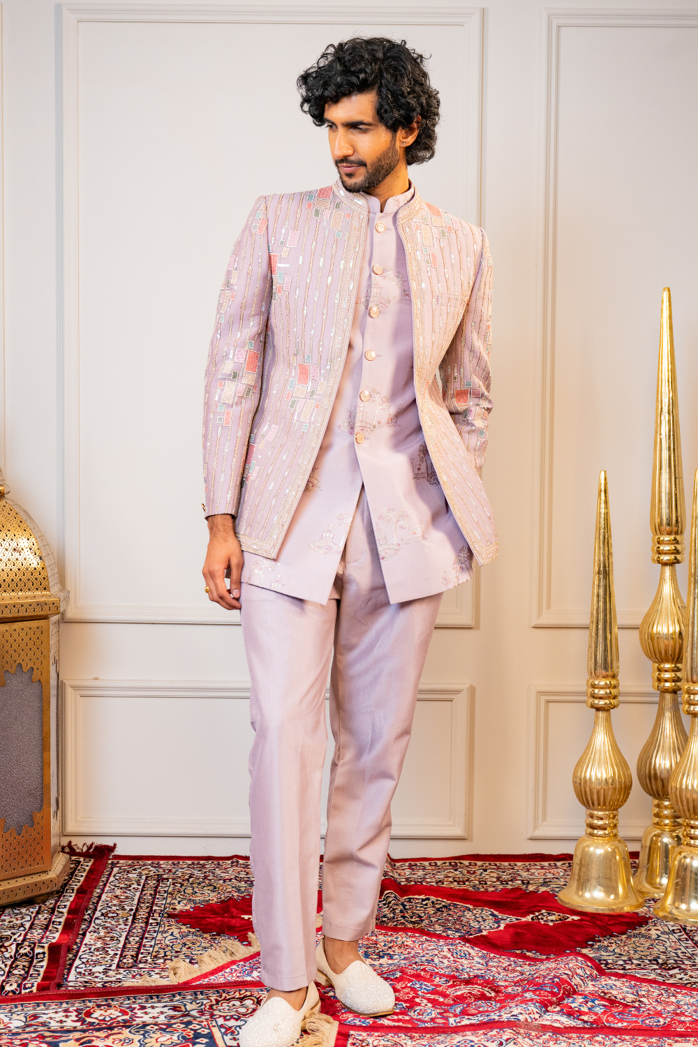 Lilac silk Indo Western with Sequins and Resham Embroidery
