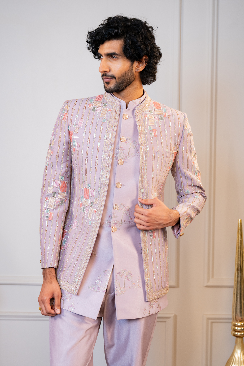 Lilac silk Indo Western with Sequins and Resham Embroidery
