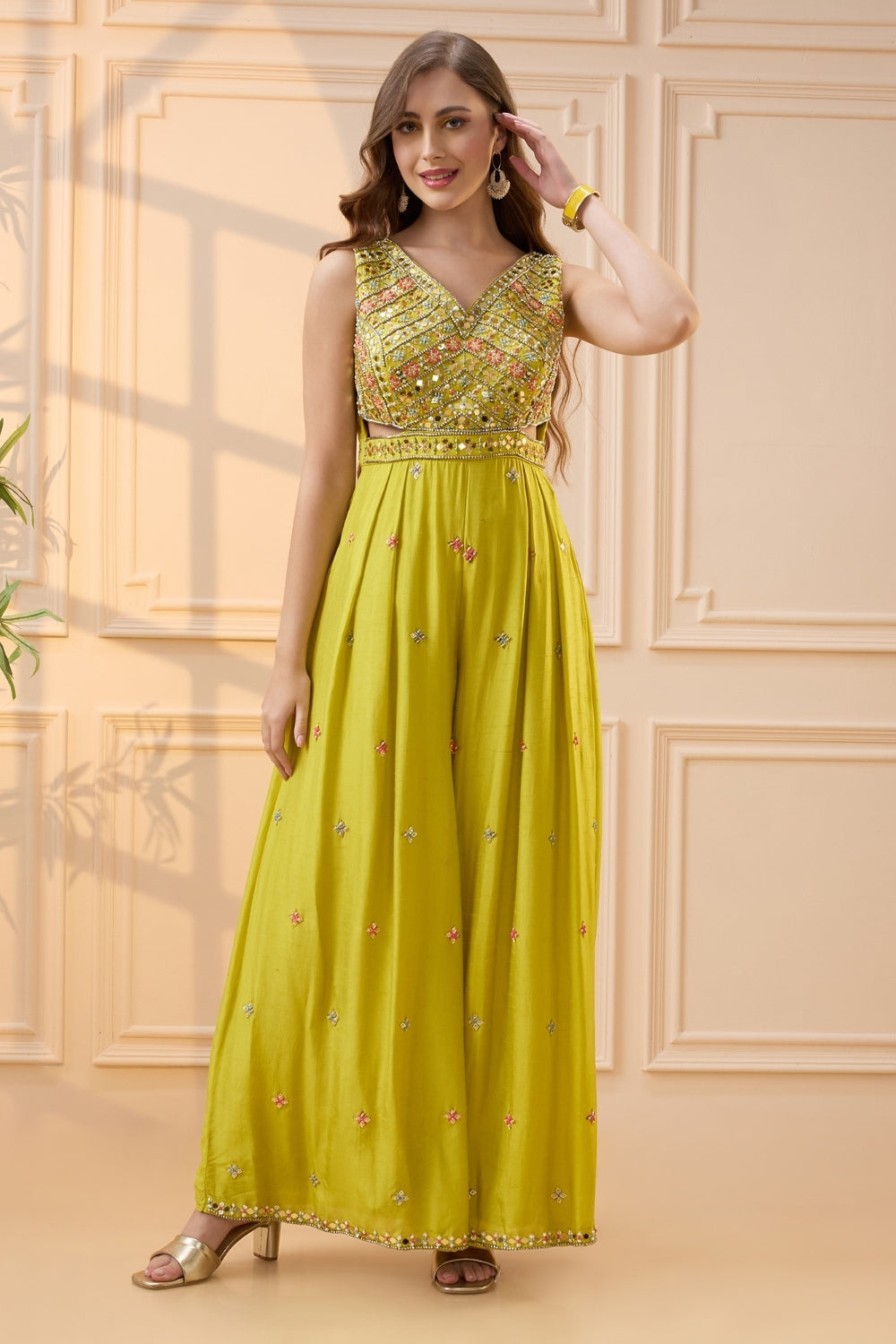 Lime Yellow Silk Indo Western with Cutdana and Moti Work