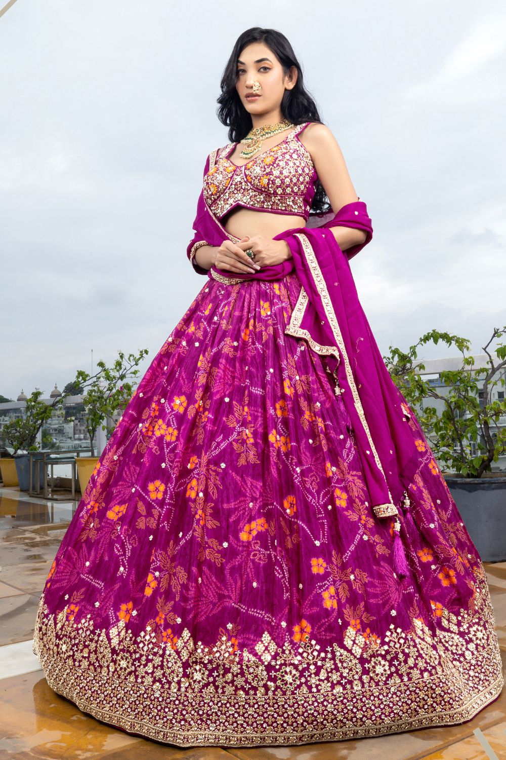 MAGENTA PINK CREPE SILK LEHENGA CHOLI WITH MIRROR AND SWQUINS WORK