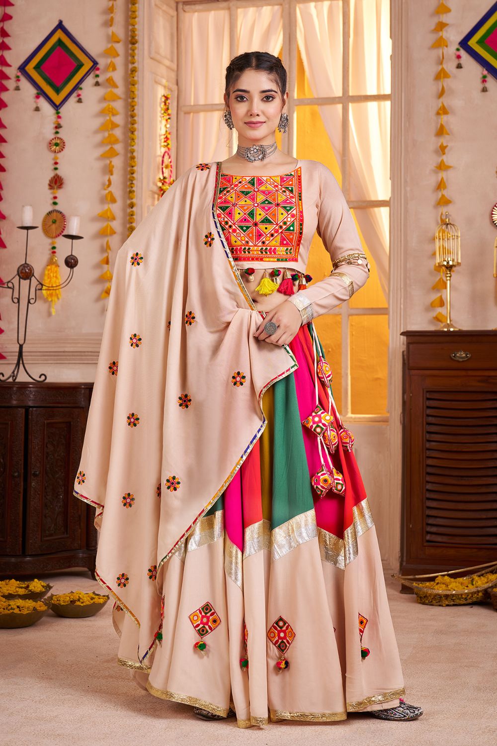 MULTI BEIGE VISCOSE COTTON LEHENGA CHOLI WITH MIRROR WORK AND LAMPI BORDERING
